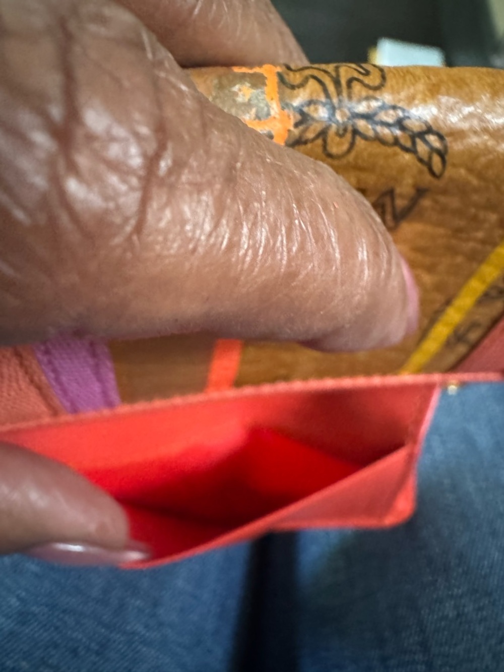 MCM Colorblock Trifold Key Pouch Wallet in Orange, Pink and Cognac/Beige - Picture 10 of 13